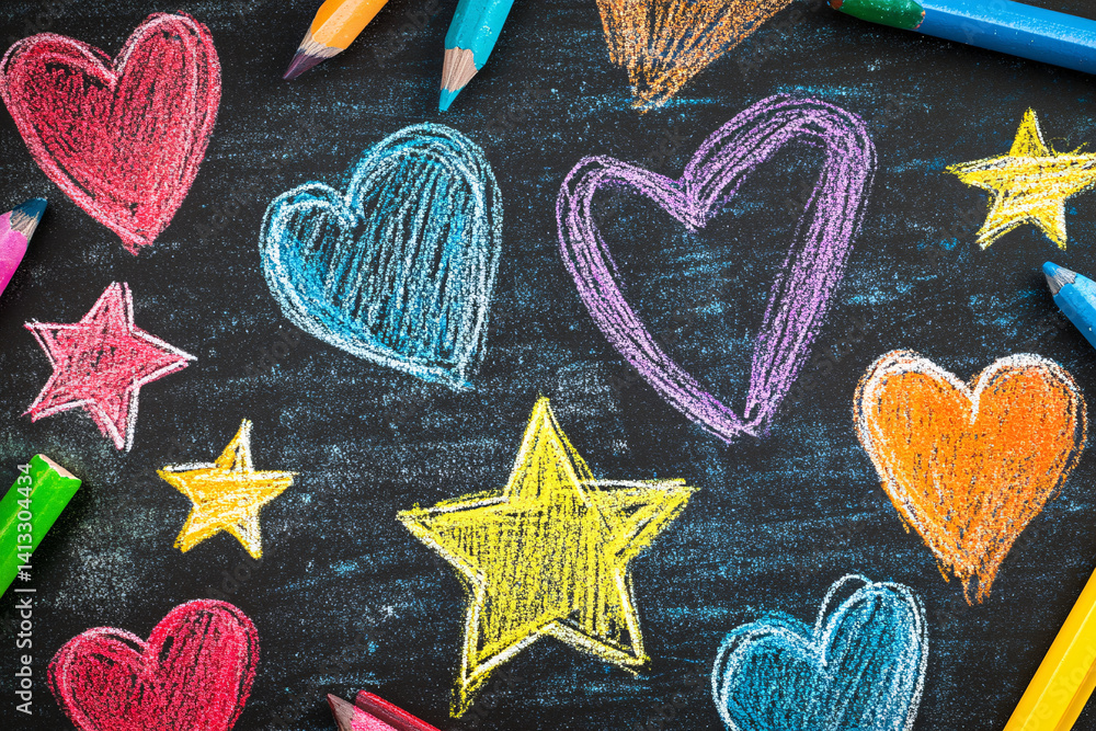 Illustration of a child's drawing with colorful pencils. simple doodles heart and star. cute background of children's creativity