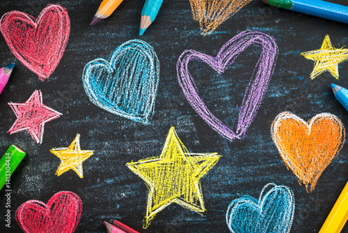 Obraz na płótnie Illustration of a child's drawing with colorful pencils. simple doodles heart and star. cute background of children's creativity w salonie