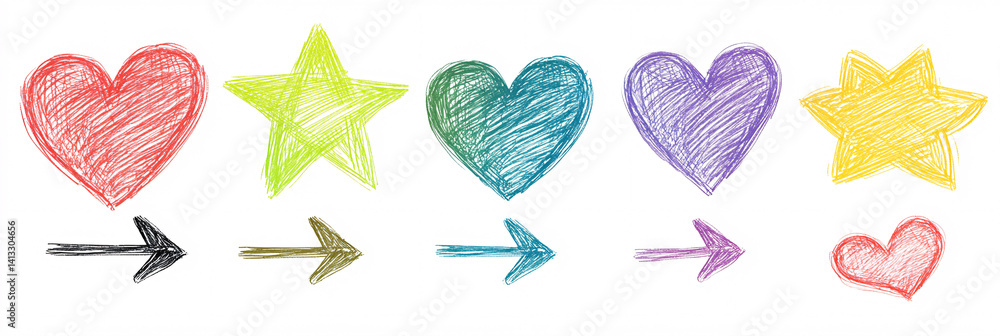 Collection of hand drawn colorful charcoal doodles and squiggles in a childish style. Collage and design elements. colorful pencil drawings. flat