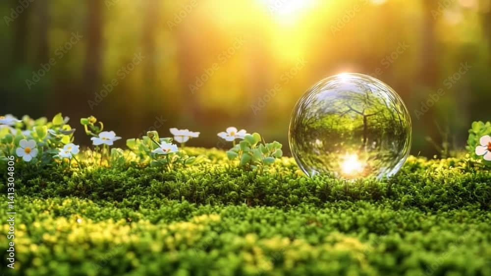Shiny orb in a lush forest. A glass sphere reflects sunlight among green moss and delicate white flowers in a serene forest setting. Shiny orb in a lush forest. A glass sphere reflects sunlight among green moss and delicate white flowers in a serene forest setting.