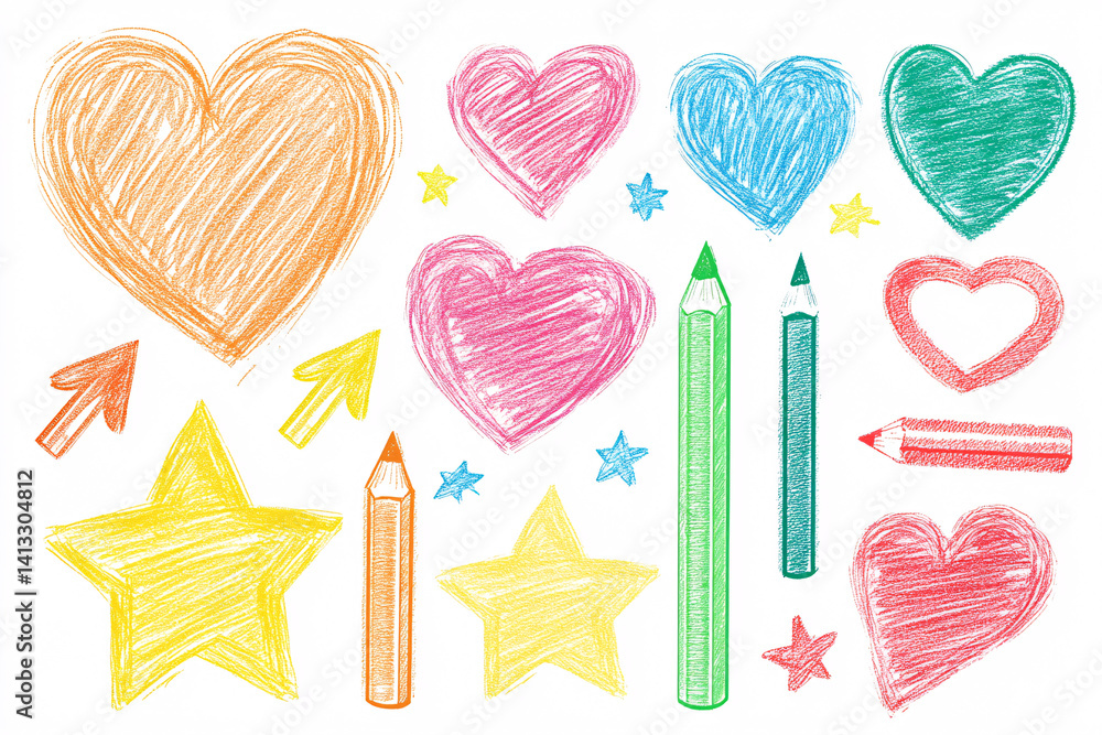 Collection of hand drawn colorful charcoal doodles and squiggles in a childish style. Collage and design elements. colorful pencil drawings. flat
