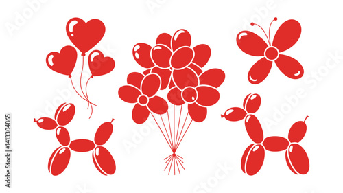 Festive Balloon Designs: A collection of cheerful red balloons, shaped into hearts, flowers, a butterfly, and playful dog figures, ready to inject life into any festive celebration.