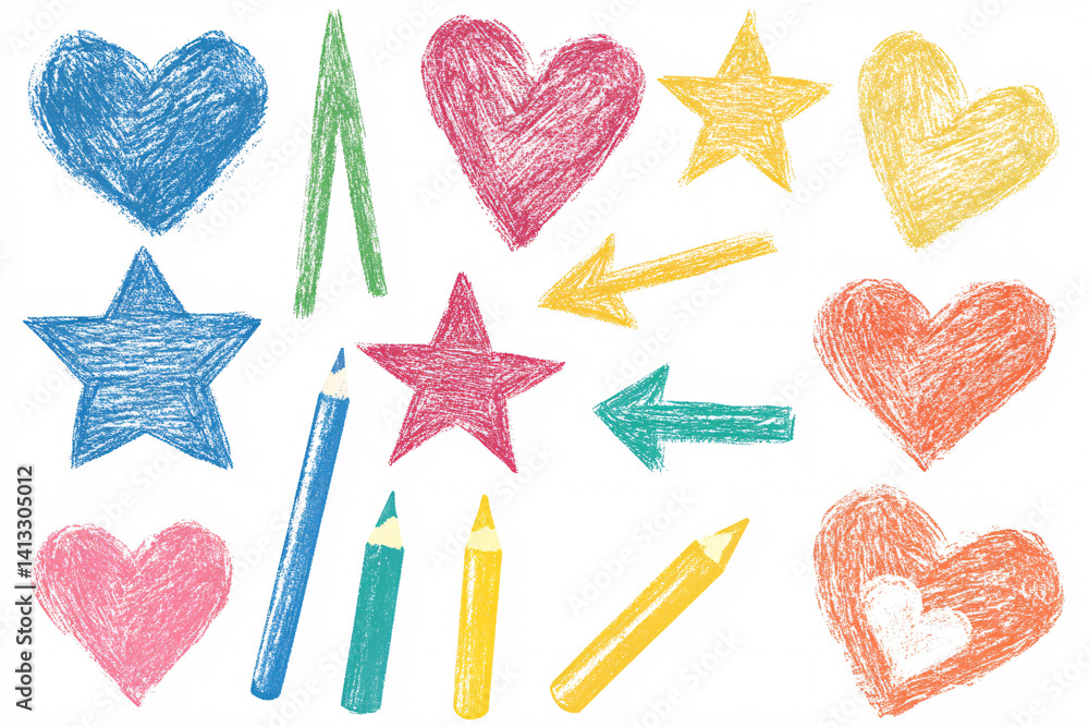 Collection of hand drawn colorful charcoal doodles and squiggles in a childish style. Collage and design elements. colorful pencil drawings. flat