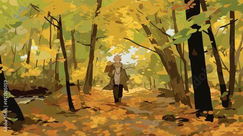 Caucasian male strolling through autumn forest path flat vector illustration