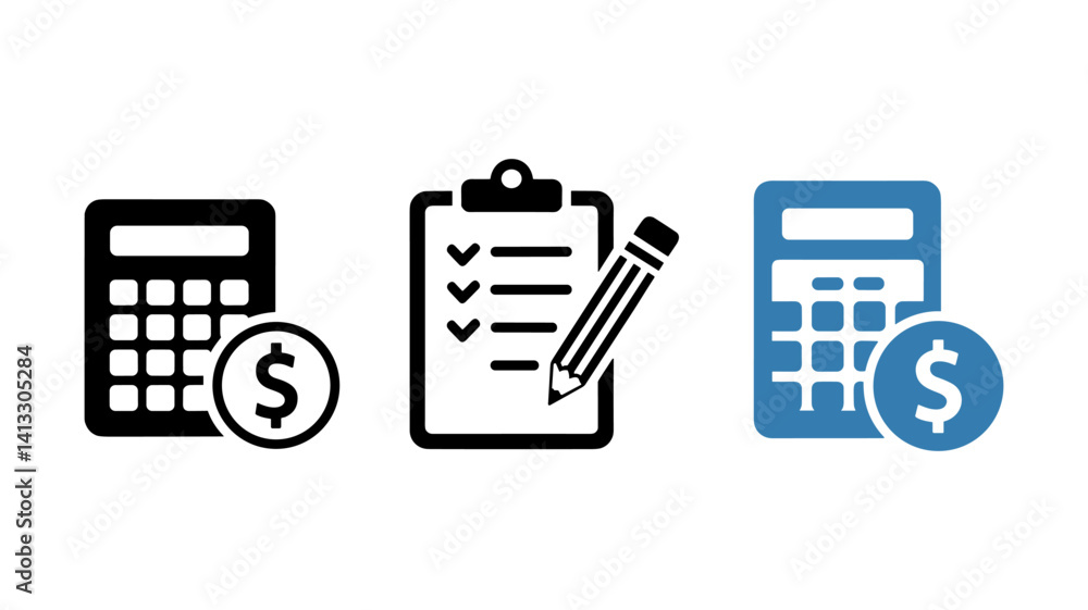 Accounting and Planning Icons: A set of meticulously crafted line icons featuring calculator, checklist, and currency symbols. Accounting and Planning Icons: A set of meticulously crafted line icons featuring calculator, checklist, and currency symbols.