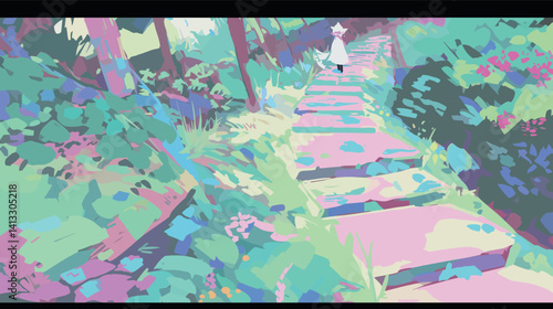 Abstract pathway through nature with figure in pastel hues flat vector illustration