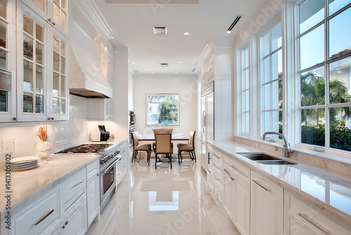 Airy Florida townhouse kitchen with bright white cabinets and natural light pouring in