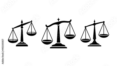 Justice Scales Collection: A set of three vintage scales of justice, each with a unique design, rendered in a minimalist black silhouette against a white background.