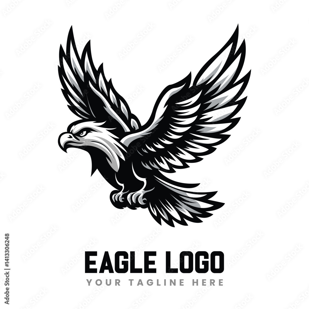 Obraz premium Bold Flying Eagle Mascot Logo Design, Customizable Eagle Emblem for Teams, Aggressive Eagle Vector for Branding, Modern Black and White Eagle Art, Powerful Bird Mascot Logo Template