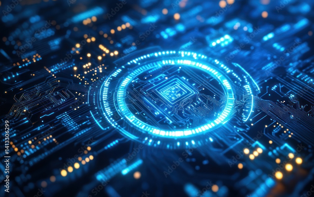 Abstract close up of a blue glowing computer circuit board. Abstract close up of a blue glowing computer circuit board.