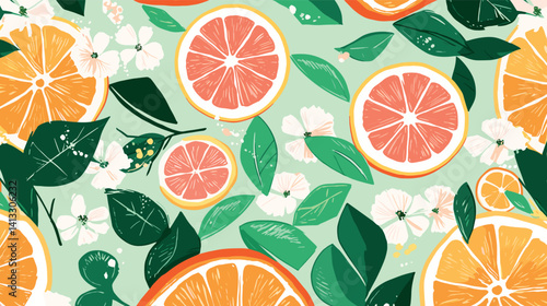 Citrus and floral pattern with orange slices and green leaves flat vector illustration