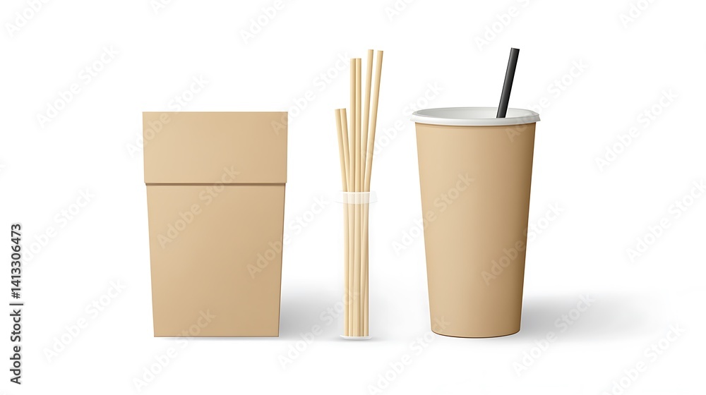 Disposable paper cup and straws isolated on a white background Disposable paper cup and straws isolated on a white background