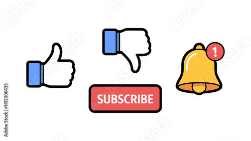 Interactive Elements: A collection of digital icons including "like" and "dislike" buttons, a subscribe button, and a notification bell, arranged in a visually appealing graphic representation.