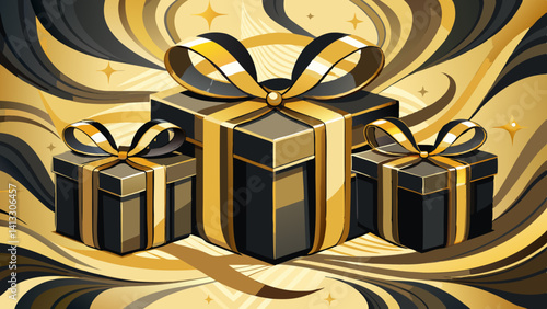 Elegant Gift Boxes with Black Ribbons and Golden Accents suitable for editorial use
