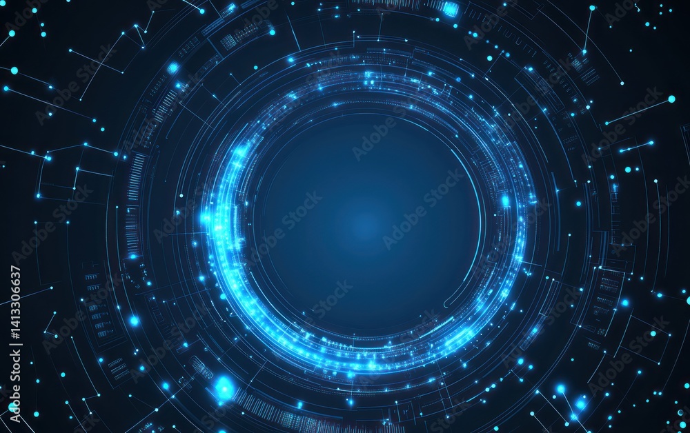 Abstract blue digital network background with glowing circle and connecting lines. Abstract blue digital network background with glowing circle and connecting lines.