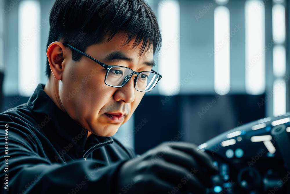 Focused Technician Inspecting Modern Dashboard