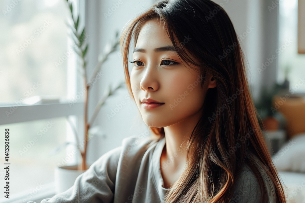 Thoughtful Asian Woman by Window