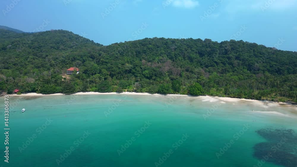 Long beach, rainforest on island koh chang. Majestic aerial view flight drone Long beach, rainforest on island koh chang. Majestic aerial view flight drone
