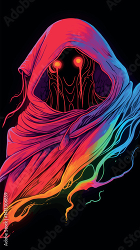 Colorful hooded alien with glowing eyes and rainbow cloak flat vector illustration