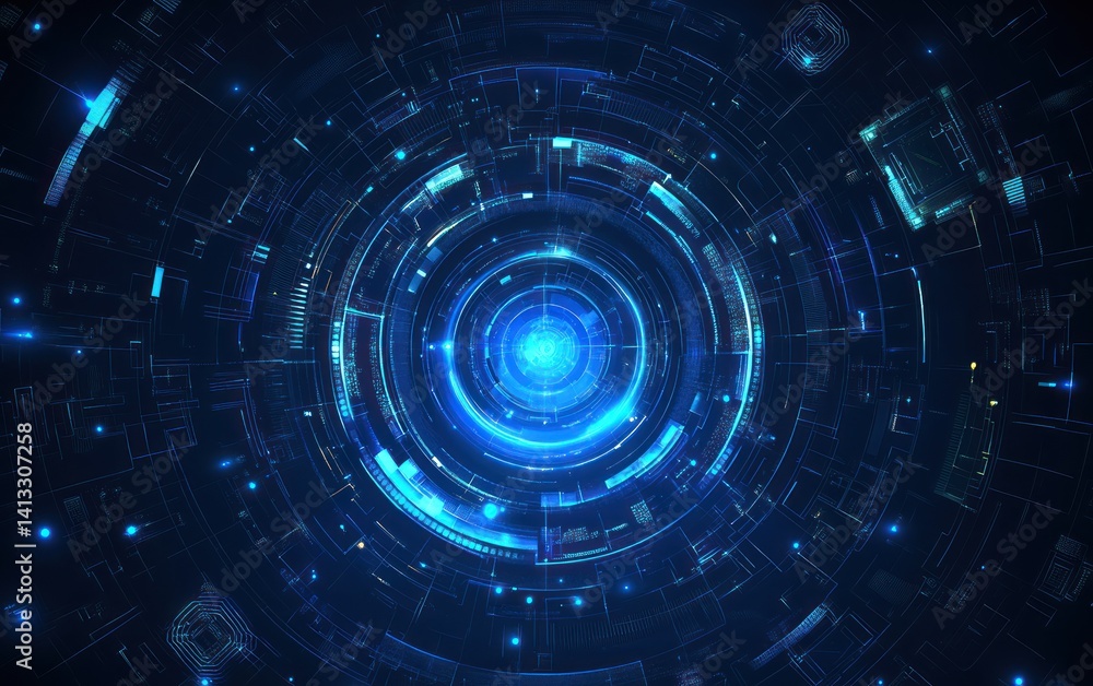 Abstract blue digital background with circular patterns and glowing light in center. Abstract blue digital background with circular patterns and glowing light in center.