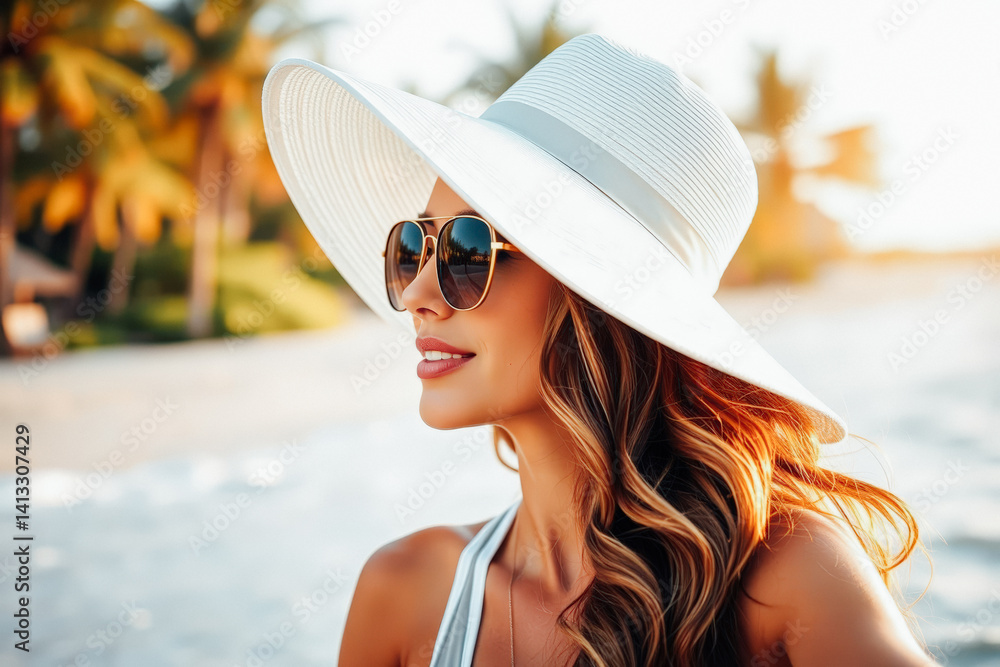 Stylish Woman in Wide-brimmed Hat by the Ocean