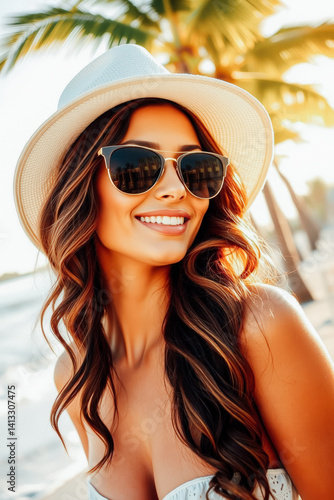 Smiling Woman in Straw Hat and Sunglasses at Beach