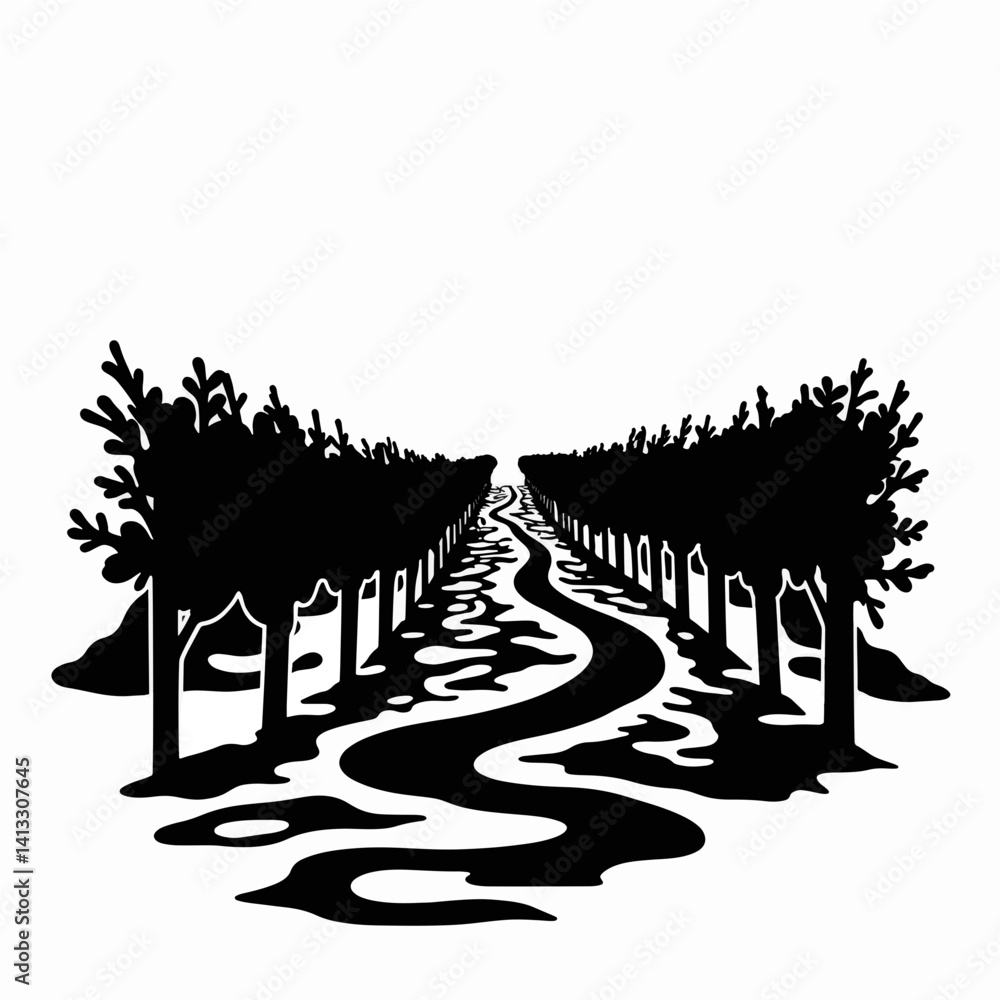 Fototapeta premium Vineyard silhouette with winding path, black and white tranquility