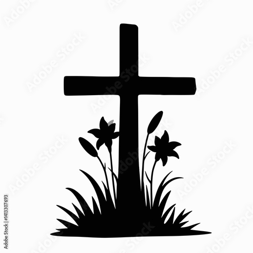 Silhouette of cross with lilies on white background, Easter symbolism  