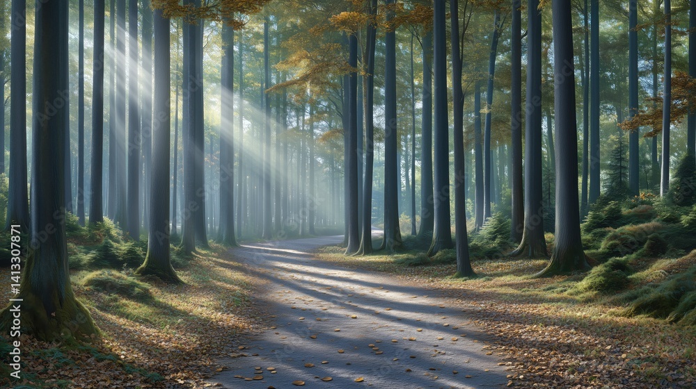 Obraz premium Sunbeams filtering through fog in a serene autumn forest