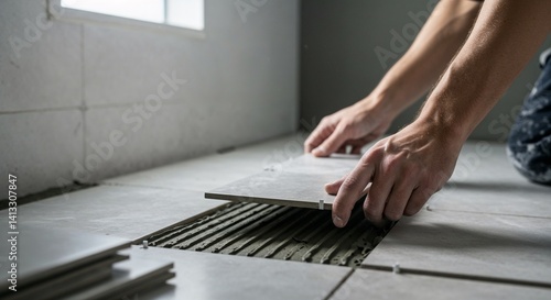 Hands installing tiles on a floor against a grey background  