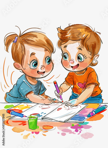 illustration of 2 cartoon toddlers playing and coloring
