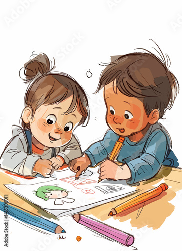 illustration of 2 cartoon toddlers playing and coloring