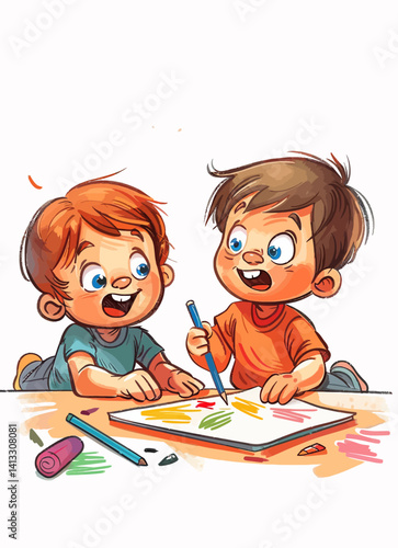 illustration of 2 cartoon toddlers playing and coloring