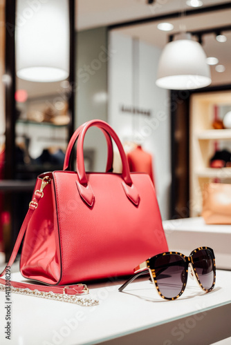 Obraz na płótnie Pink handbag and sunglasses on display in a fashion store w salonie