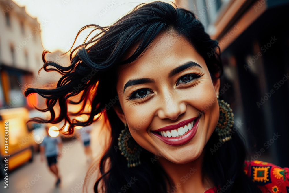 Smiling Woman with Wavy Hair in City Setting