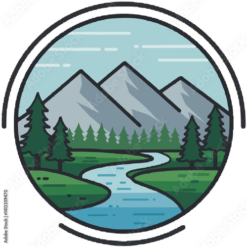 Mountain river landscape with trees.