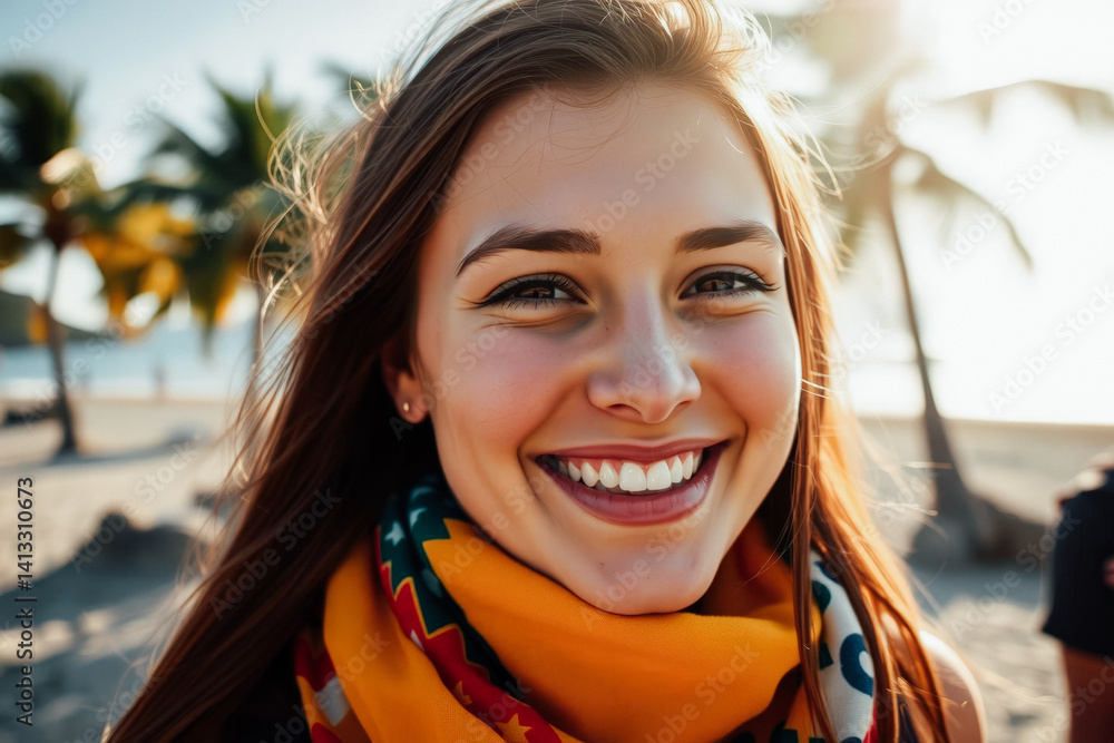 Smiling Woman Outdoors on Tropical Beach