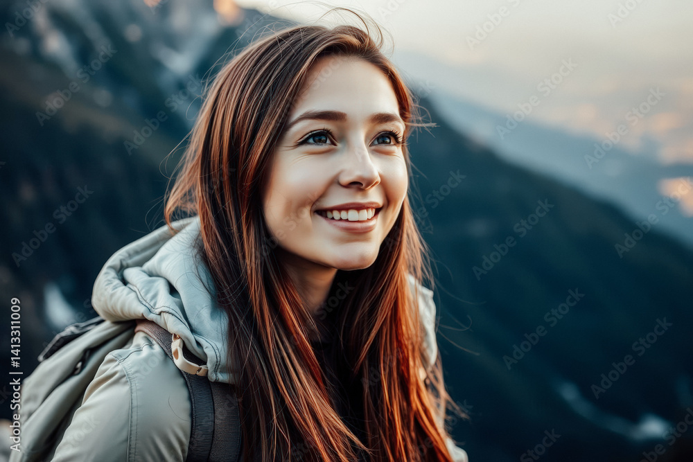 Happy Woman Hiking in Mountains