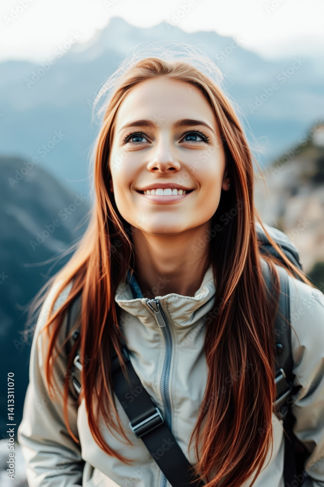 Happy Woman Hiking in Mountains