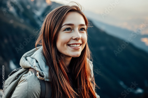 Obraz na płótnie Happy Woman Hiking in Mountains w salonie