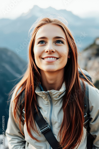 Obraz na płótnie Happy Woman Hiking in Mountains w salonie