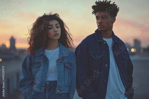 Young couple in denim jackets stand on rooftop at sunset, looking away.