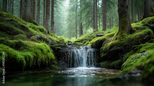 Serene forest waterfall flowing over mossy rocks
