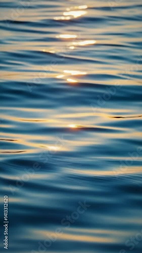 Gentle waves on a calm sea surface, reflecting warm sunlight, creating a serene and tranquil water scene.