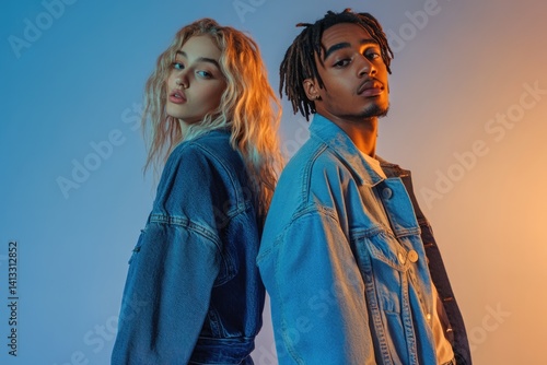 A young woman and man, both wearing denim jackets, pose back-to-back against a colorful background.