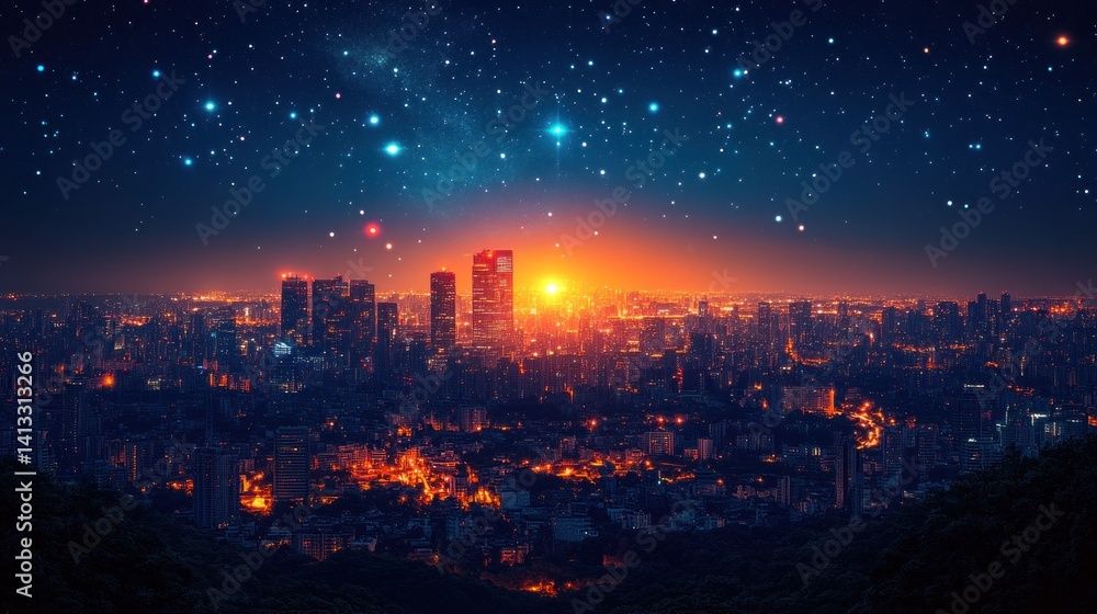 Obraz premium Night Cityscape Under a Starry Sky