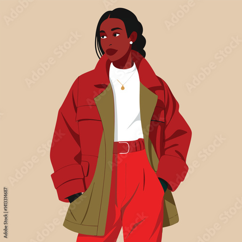 Stylish Black Woman in Red Jacket and Orange Pants