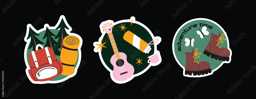 Cartoon Camping & Hiking Stickers – Travel, Tent, Backpack, Compass, Fire. Retro Adventure Doodle Pack. Outdoor Travel Stickers Set Cartoon Camping & Hiking Stickers – Travel, Tent, Backpack, Compass, Fire. Retro Adventure Doodle Pack. Outdoor Travel Stickers Set