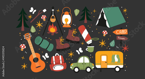 Cartoon Camping & Hiking Stickers – Travel, Tent, Backpack, Compass, Fire. Retro Adventure Doodle Pack. Outdoor Travel Stickers Set