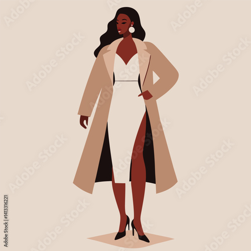 Elegant Black Woman in Beige Coat and White Dress